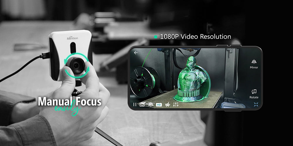 3D tiskárna Mintion Beagle V2, kamera, podpora Klipper, rozlišení videa 1080p, manuální ostření, dálkové ovládání WiFi, automatické časosběrné video, elektronický zoom, noční vidění, připojení k PC/mobilu