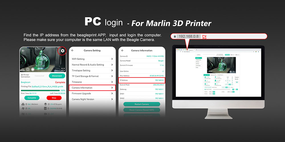 3D tiskárna Mintion Beagle V2, kamera, podpora Klipper, rozlišení videa 1080p, manuální ostření, dálkové ovládání WiFi, automatické časosběrné video, elektronický zoom, noční vidění, připojení k PC/mobilu