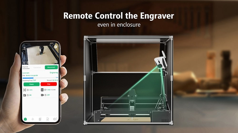 Laserová gravírovací kamera Mintion Lasercam, rozlišení videa 1080p, polohování v LightBurn, dálkové ovládání WiFi, automatické časosběrné video, detekce požáru, noční verze, podpora prohlížeče na PC