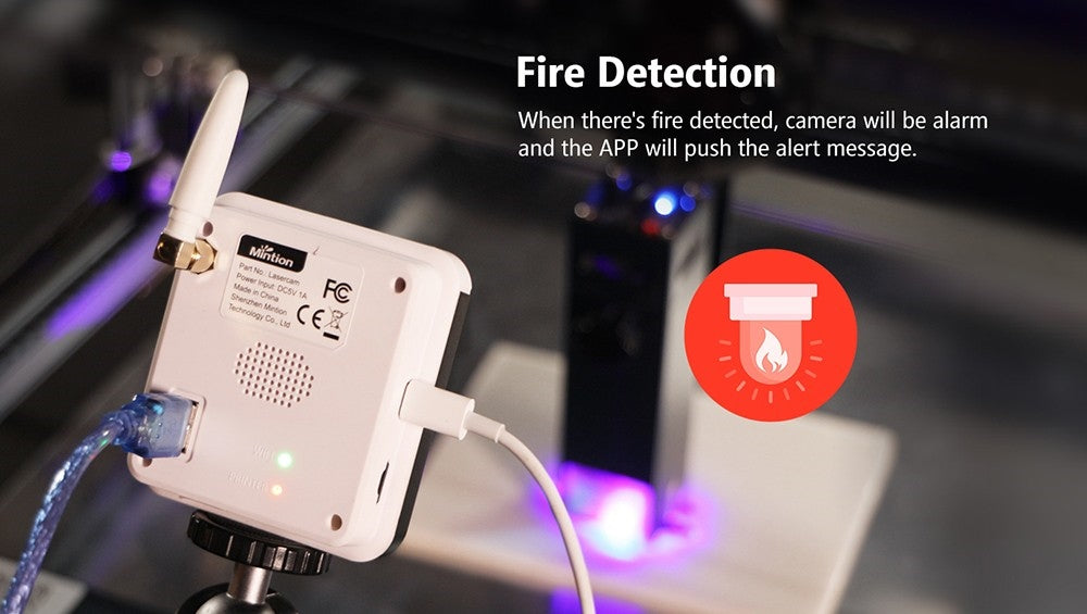 Laserová gravírovací kamera Mintion Lasercam, rozlišení videa 1080p, polohování v LightBurn, dálkové ovládání WiFi, automatické časosběrné video, detekce požáru, noční verze, podpora prohlížeče na PC