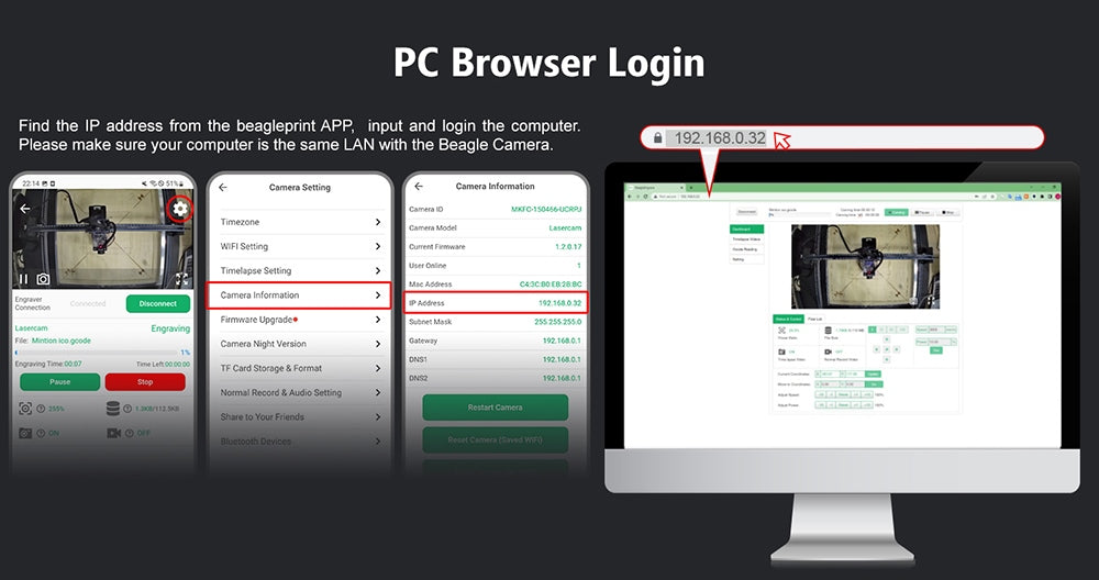 Laserová gravírovací kamera Mintion Lasercam, rozlišení videa 1080p, polohování v LightBurn, dálkové ovládání WiFi, automatické časosběrné video, detekce požáru, noční verze, podpora prohlížeče na PC