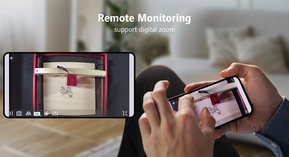 Laserová gravírovací kamera Mintion Lasercam, rozlišení videa 1080p, polohování v LightBurn, dálkové ovládání WiFi, automatické časosběrné video, detekce požáru, noční verze, podpora prohlížeče na PC