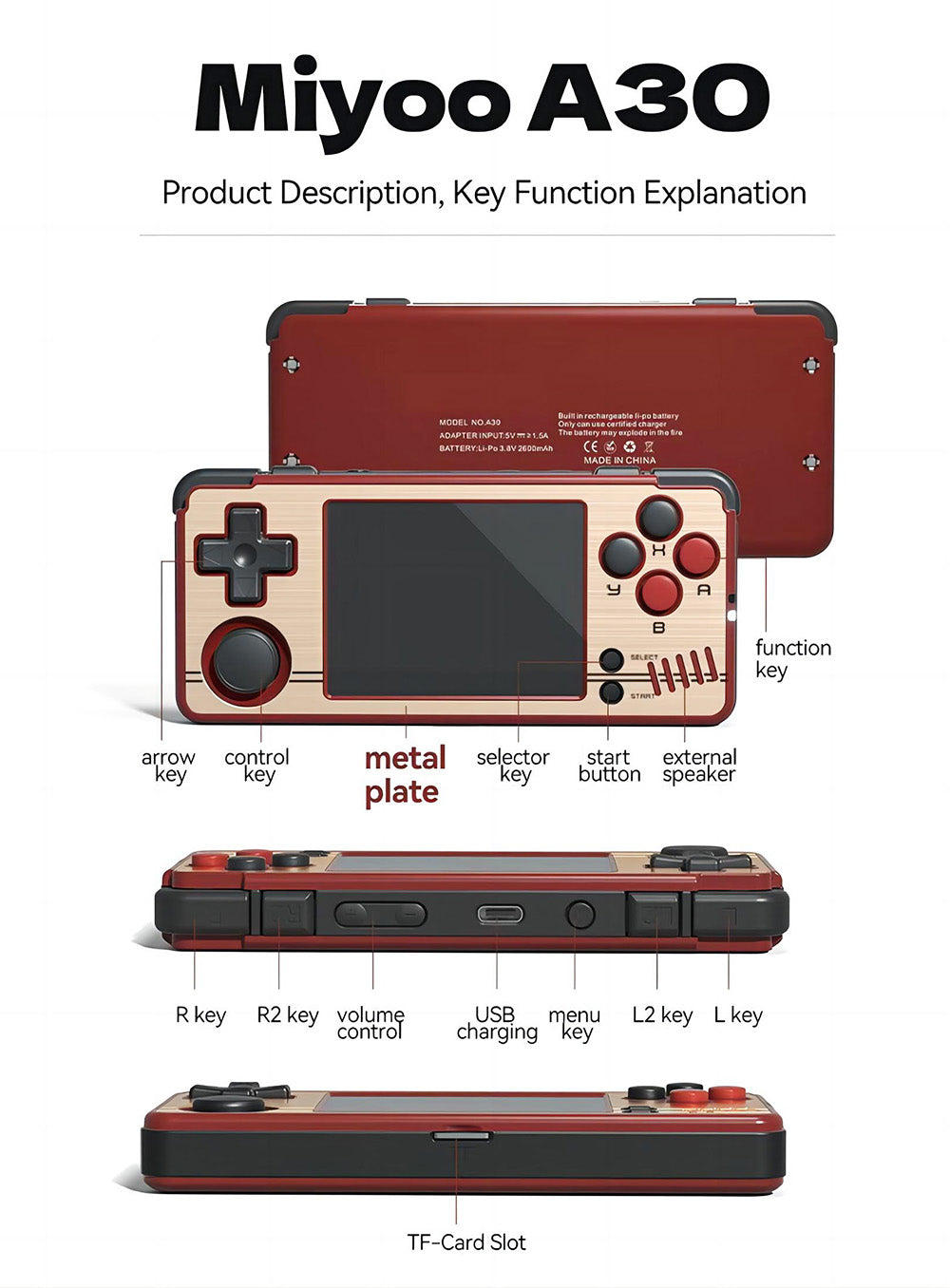 Herní konzole MIYOO A30 64GB, 2,8palcový IPS displej, baterie 2600mAh, systém Linux, 2,4G WiFi - červeno-zlatá