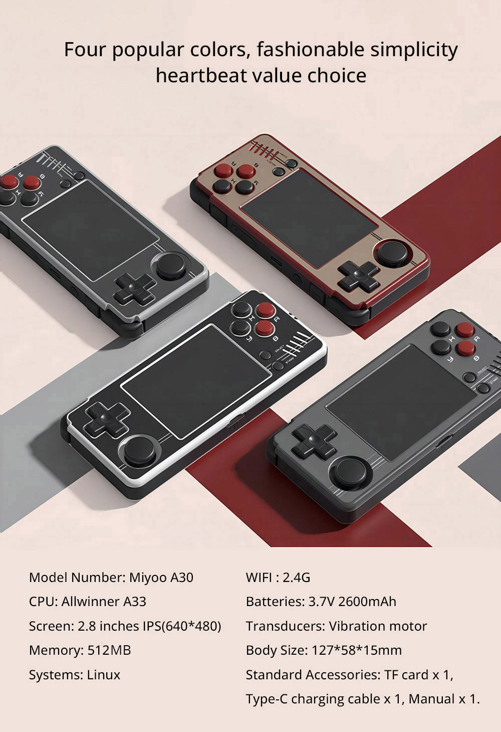 Herní konzole MIYOO A30 64GB Retro, 2,8palcový IPS displej, 5hodinová výdrž baterie, systém Linux, 2,4G WiFi - červeno-zlatá