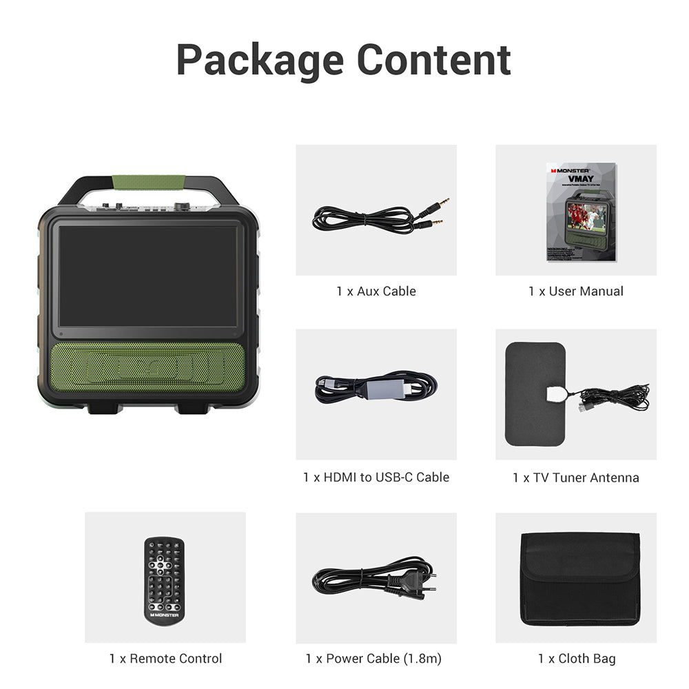 Monster Vmay 1080P Outdoor TV 60W Bluetooth Speaker Combo, DVB-T/DVB-T2 Tuner, FM Radio,15.6” Display, 8 Hours Of Video Playback, 25 Hours of Audio Playback, HDMI/Mic/USB