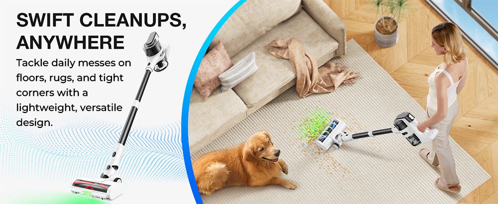 Bezdrátový tyčový vysavač MOOSOO S5 Mate, výkonný sací výkon 20 kPa, doba provozu 55 minut, nádoba na prach o objemu 1 l, zelená LED technologie, dobíjecí pro snadné čištění domácnosti, dřevěných povrchů, koberců a zvířecích chlupů