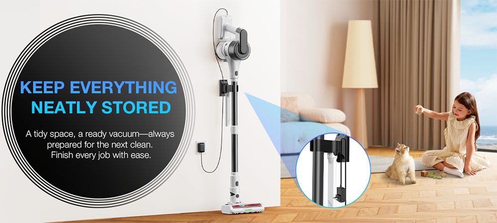 Bezdrátový tyčový vysavač MOOSOO S5 Mate, výkonný sací výkon 20 kPa, doba provozu 55 minut, nádoba na prach o objemu 1 l, zelená LED technologie, dobíjecí pro snadné čištění domácnosti, dřevěných povrchů, koberců a zvířecích chlupů