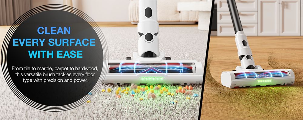 Bezdrátový tyčový vysavač MOOSOO S5 Mate, výkonný sací výkon 20 kPa, doba provozu 55 minut, nádoba na prach o objemu 1 l, zelená LED technologie, dobíjecí pro snadné čištění domácnosti, dřevěných povrchů, koberců a zvířecích chlupů