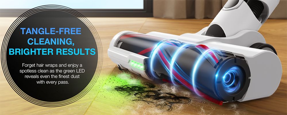 Bezdrátový tyčový vysavač MOOSOO S5 Mate, výkonný sací výkon 20 kPa, doba provozu 55 minut, nádoba na prach o objemu 1 l, zelená LED technologie, dobíjecí pro snadné čištění domácnosti, dřevěných povrchů, koberců a zvířecích chlupů