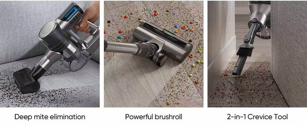 Bezdrátový vysavač MOOSOO TD1-Mate, sací tlak 33 kPa, LED displej, doba provozu 45 minut, bezkartáčový motor 420 W, zelené světlo, na dřevěné podlahy, koberce a zvířecí chlupy