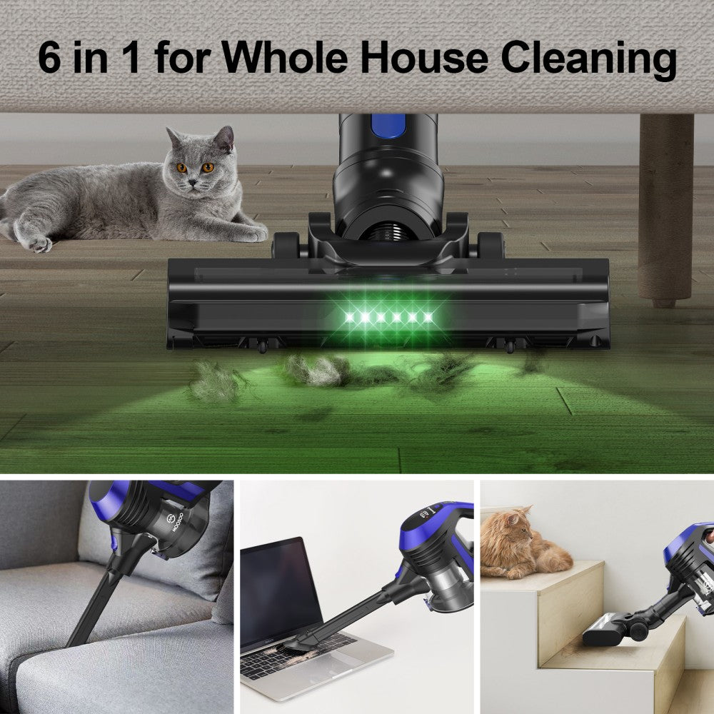 Bezdrátový vysavač MOOSOO XC1, sací tlak 20 kPa, s LED displejem, max. doba provozu 45 minut, tyčový vysavač 6 v 1 s vysokým sacím tlakem a nástěnnou nabíječkou, pro tvrdé podlahy, zvířecí chlupy a koberce, pro použití v domácnosti a autě