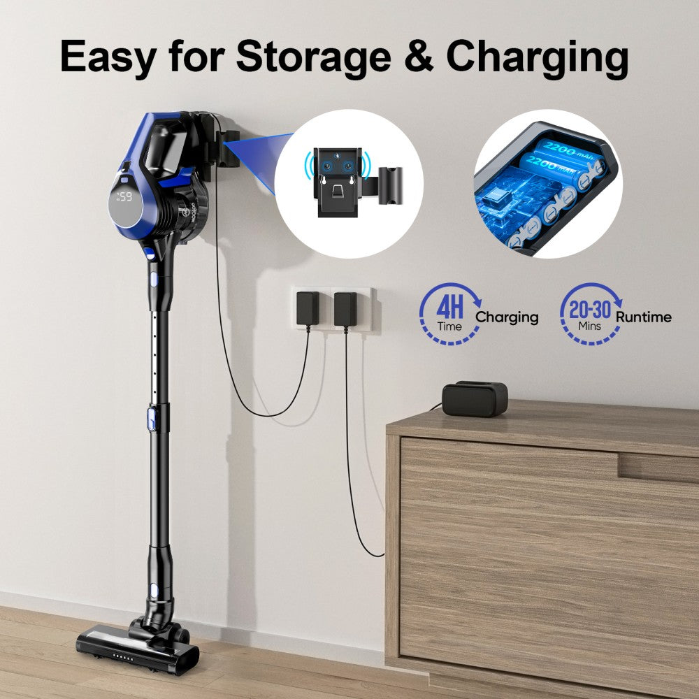 Bezdrátový vysavač MOOSOO XC1, sací tlak 20 kPa, s LED displejem, max. doba provozu 45 minut, tyčový vysavač 6 v 1 s vysokým sacím tlakem a nástěnnou nabíječkou, pro tvrdé podlahy, zvířecí chlupy a koberce, pro použití v domácnosti a autě