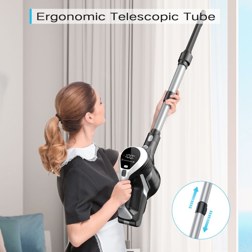 Bezdrátový vysavač MOOSOO YC1, vysoký sací výkon 12 kPa, doba provozu až 40 minut, LED displej, multicyklónový filtrační systém, nádoba na prach o objemu 0,8 l, flexibilní otočná hlava, zelené světlo, ergonomická teleskopická trubice, na tvrdé podlahy a koberce s chlupy domácích mazlíčků