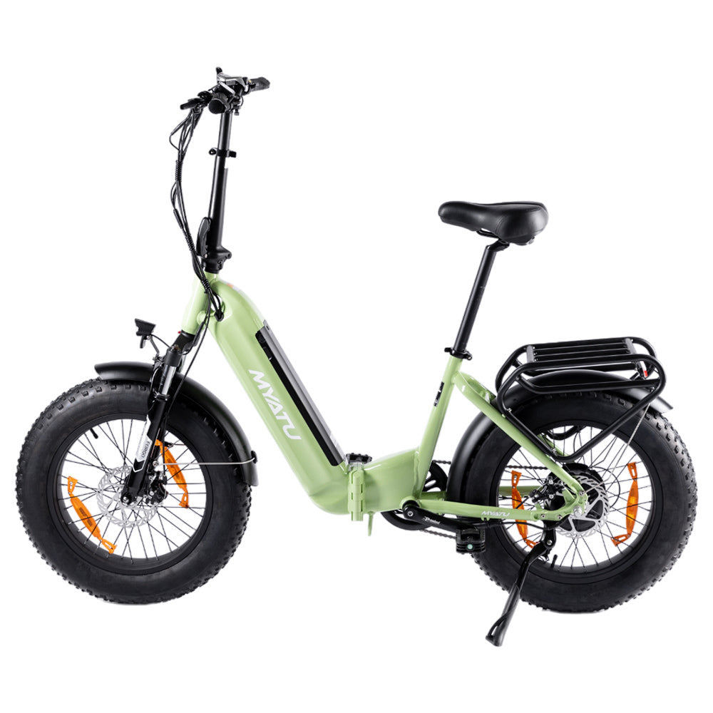 Elektrokolo MYATU MYT-20XD, motor 250 W, baterie 36 V 25 Ah, pneumatiky 20 x 4 palce, maximální rychlost 25 km/h, dojezd 100 km, kotoučové brzdy, odpružená vidlice, SHIMANO 7 rychlostí, LCD displej - zelená