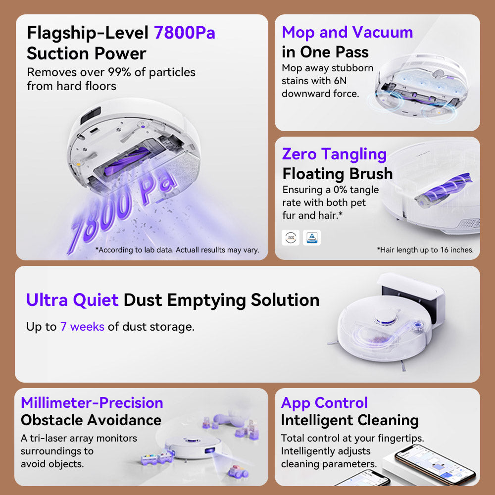 Robotický vysavač a mop Narwal Freo X Plus s vestavěným vyprazdňováním prachu, silným sacím výkonem 7800 Pa, plovoucím kartáčem bez zamotávání, ovládáním pomocí Alexa/Google Assistant/aplikace, ideální pro domácí chlupy, tvrdé podlahy a dřevěné podlahy