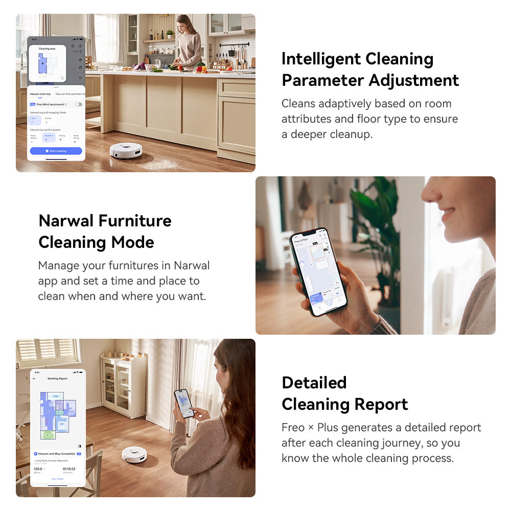 Robotický vysavač a mop Narwal Freo X Plus s vestavěným vyprazdňováním prachu, silným sacím výkonem 7800 Pa, plovoucím kartáčem bez zamotávání, ovládáním pomocí Alexa/Google Assistant/aplikace, ideální pro domácí chlupy, tvrdé podlahy a dřevěné podlahy