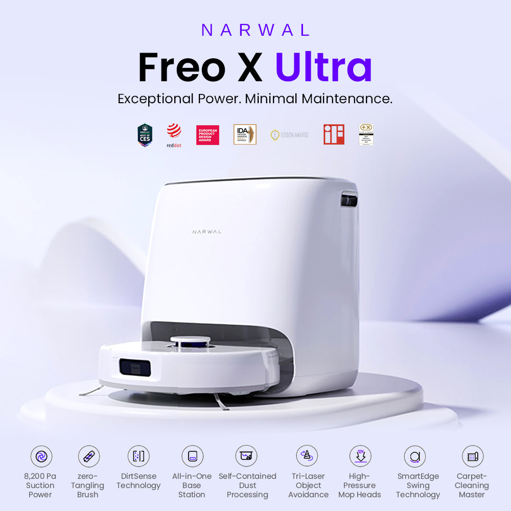 Robotický vysavač a mop Narwal Freo X Ultra s automatickým mytím a samovyprazdňováním, silným sacím výkonem 8200 Pa, plovoucím kartáčem bez zamotávání, automatickým zvedáním mopu do 12 mm, univerzální základnovou stanicí
