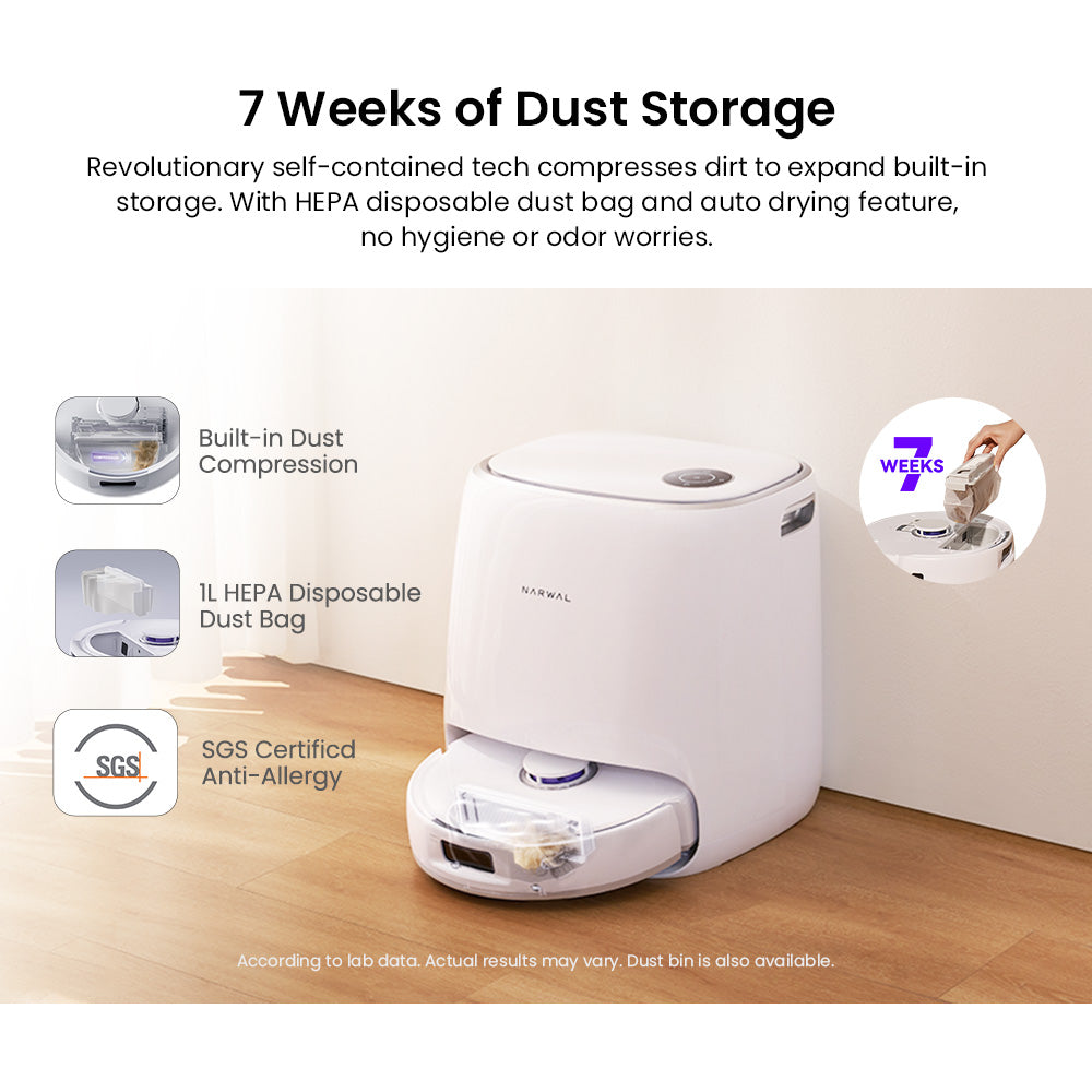 Robotický vysavač a mop Narwal Freo X Ultra s automatickým mytím a samovyprazdňováním, silným sacím výkonem 8200 Pa, plovoucím kartáčem bez zamotávání, automatickým zvedáním mopu do 12 mm, univerzální základnovou stanicí