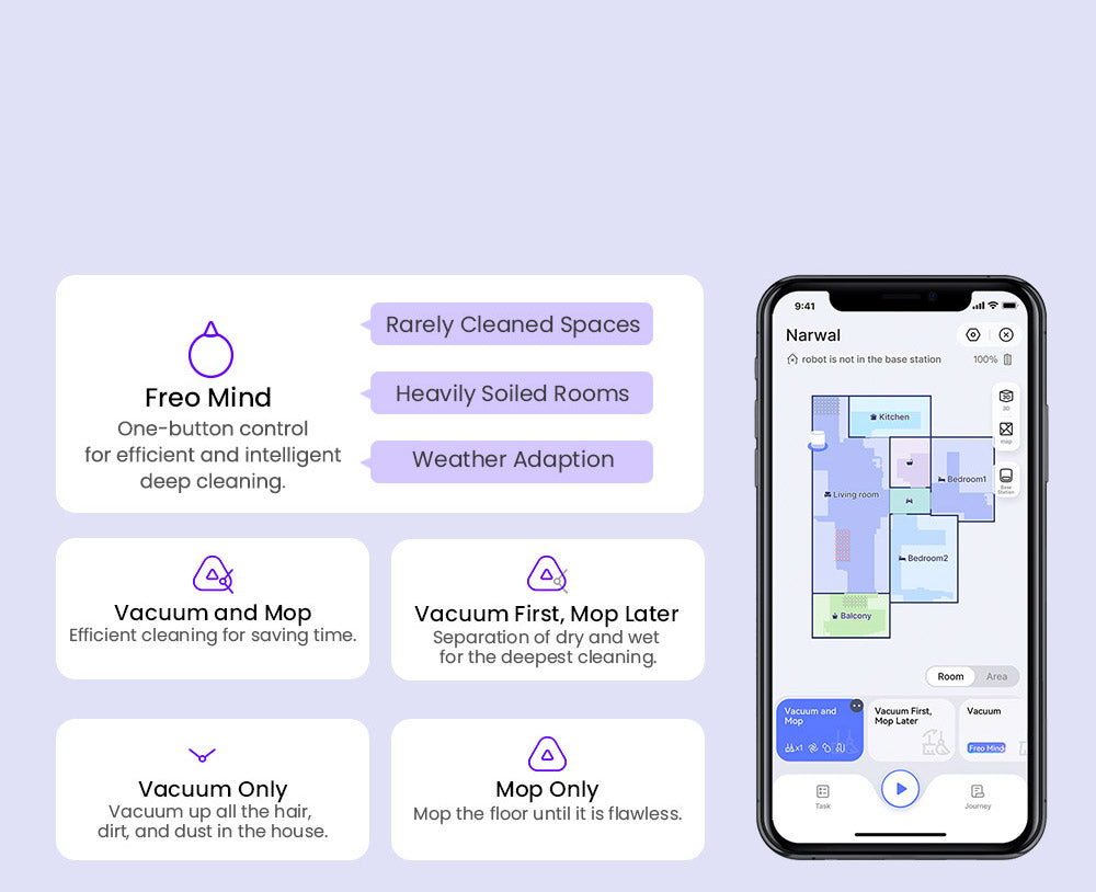 Robotický vysavač a mop Narwal Freo X Ultra s automatickým mytím a samovyprazdňováním, silným sacím výkonem 8200 Pa, plovoucím kartáčem bez zamotávání, automatickým zvedáním mopu do 12 mm, univerzální základnovou stanicí
