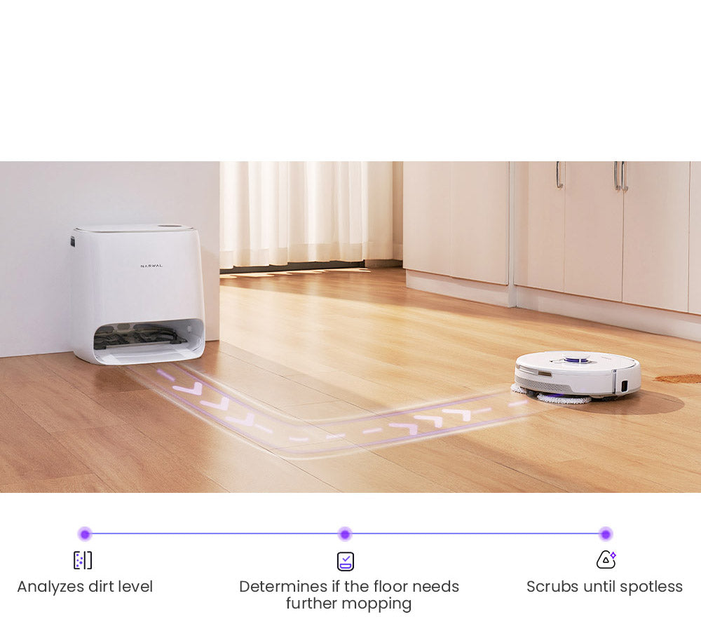 Robotický vysavač a mop Narwal Freo X Ultra s automatickým mytím a samovyprazdňováním, silným sacím výkonem 8200 Pa, plovoucím kartáčem bez zamotávání, automatickým zvedáním mopu do 12 mm, univerzální základnovou stanicí