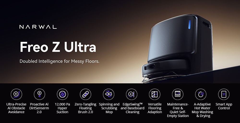 Robotický vysavač a mop Narwal Freo Z Ultra se základnovou stanicí, výkon 12 000 Pa, samovyprazdňování, dvojitá kamera, nulové zamotávání, 120denní bezúdržbová výdrž, automatické zvedání mopu do 12 mm, trilaserové vyhýbání se překážkám, adaptivní mytí a sušení horkou vodou s umělou inteligencí - bílý