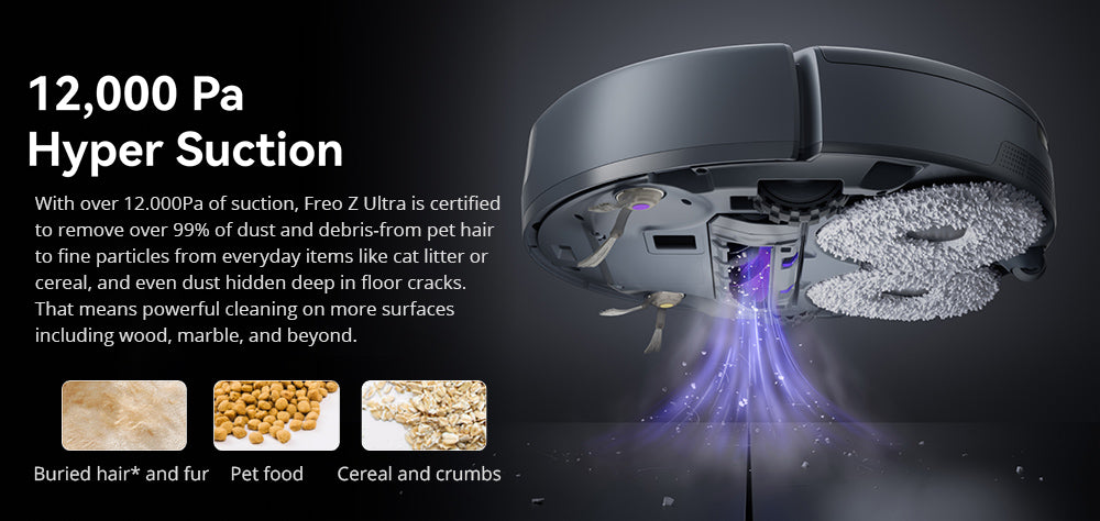 Robotický vysavač a mop Narwal Freo Z Ultra se základnovou stanicí, výkon 12 000 Pa, samovyprazdňování, dvojitá kamera, nulové zamotávání, 120denní bezúdržbová výdrž, automatické zvedání mopu do 12 mm, trilaserové vyhýbání se překážkám, adaptivní mytí a sušení horkou vodou s umělou inteligencí - bílý