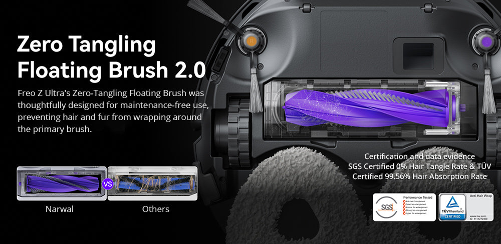 Robotický vysavač a mop Narwal Freo Z Ultra se základnovou stanicí, výkon 12 000 Pa, samovyprazdňování, dvojitá kamera, nulové zamotávání, 120denní bezúdržbová výdrž, automatické zvedání mopu do 12 mm, trilaserové vyhýbání se překážkám, adaptivní mytí a sušení horkou vodou s umělou inteligencí - bílý