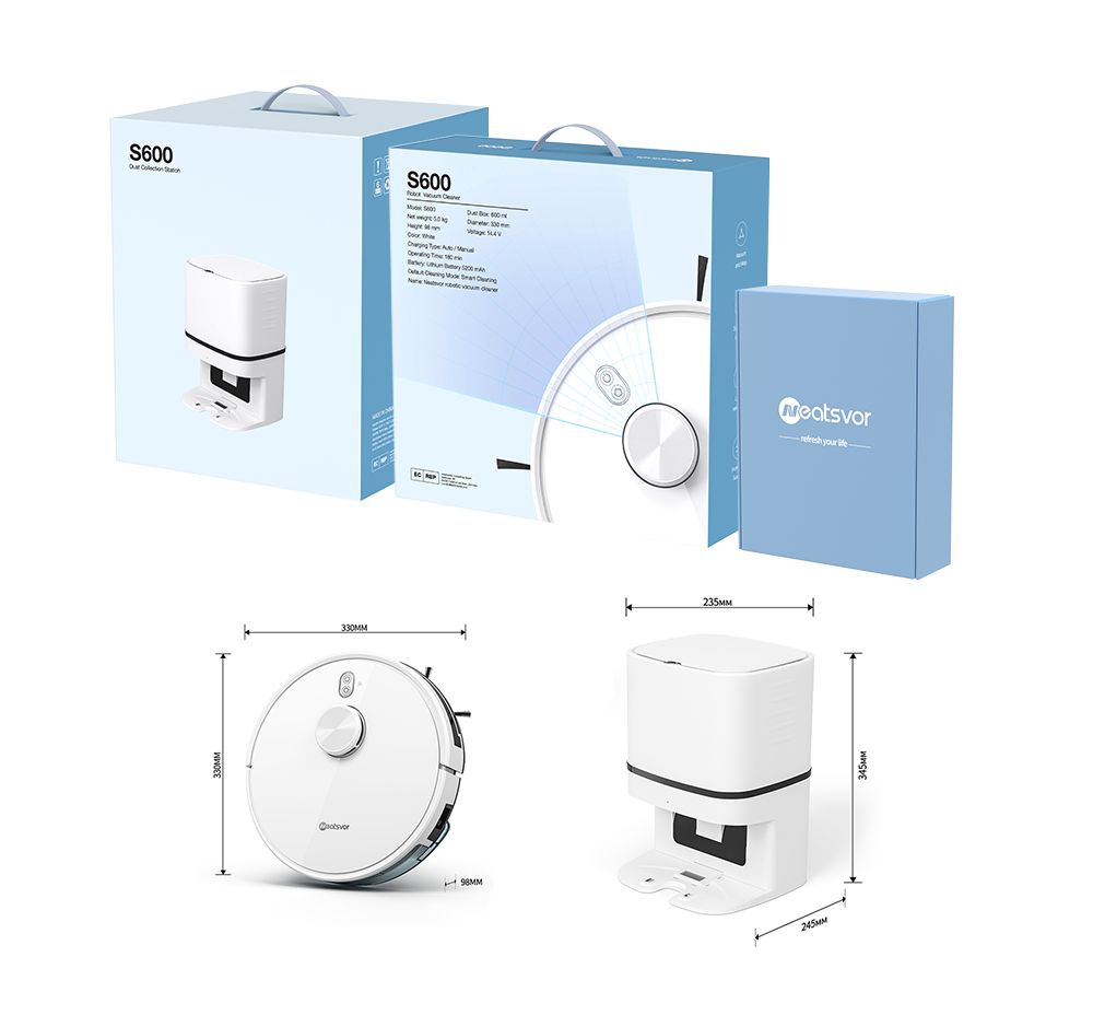 Robotický vysavač a mop Neatsvor S600, objem sběrného prostoru 2,8 l, baterie 5200 mAh, laserová navigace LDS4.0, ovládání pomocí aplikace, Alexa a Google Home, kartáč 2 v 1, HEPA filtrace a 350ml nádržka na vodu