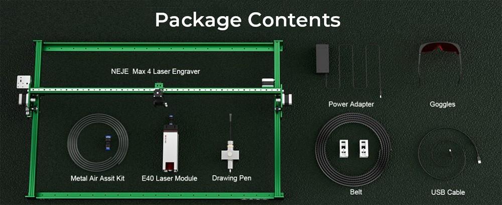 Laserová gravírka/řezačka NEJE Max 4, výkon laseru 11 W, laserový modul E40, automatická vzduchová asistence, ostření 0,06*0,06 mm, 4osé ovládání, bezdrátové ovládání GRBL, pohon motoru v ose Z, pracuje vertikálně, 750*460 mm