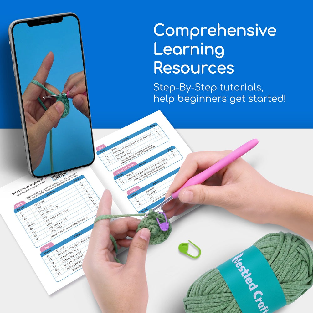 Sada na háčkování NestledCrafts pro začátečníky, sada se zvířátky amigurumi, s podrobnými video tutoriály - Anglerpuff