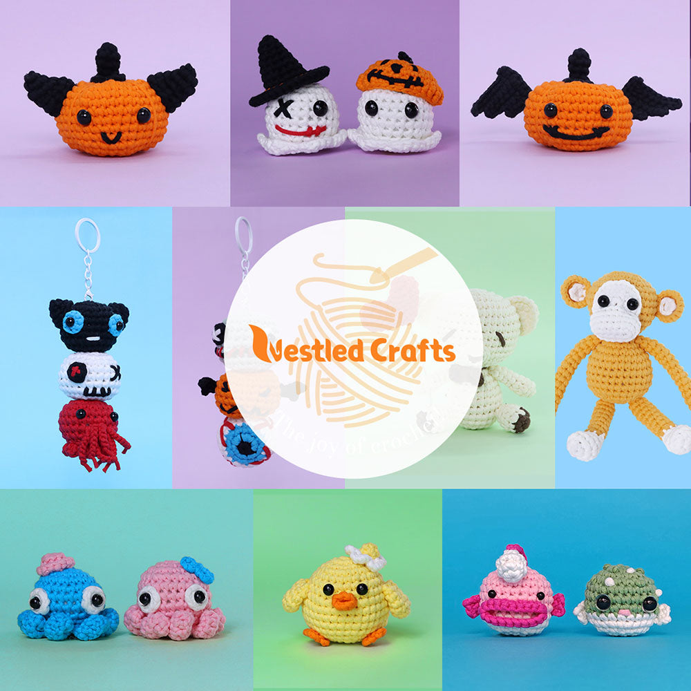 Halloweenská háčkovací sada NestledCrafts pro začátečníky, sada na pletení amigurumi s podrobnými video tutoriály - Grim