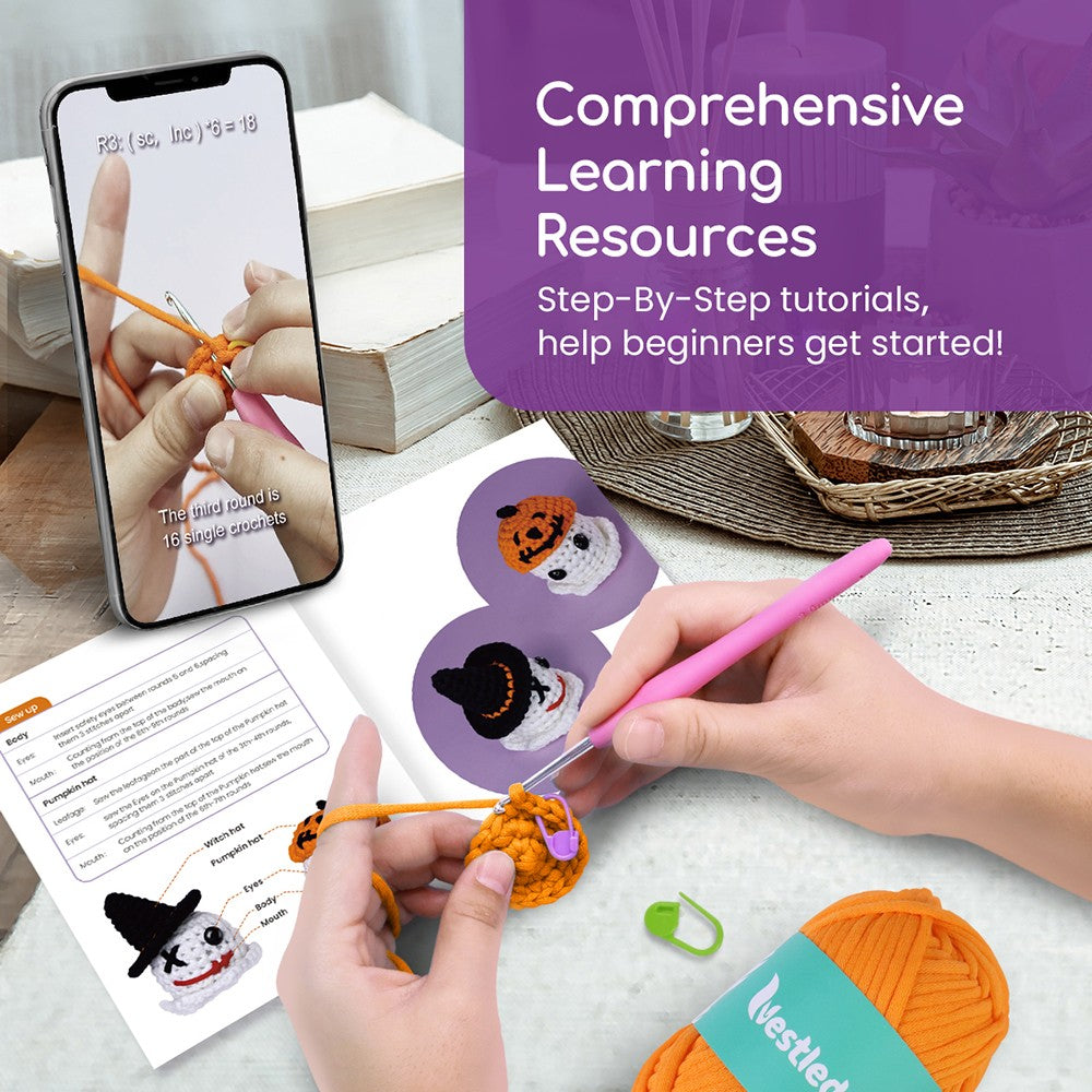 Halloweenská háčkovací sada NestledCrafts pro začátečníky, sada na pletení amigurumi s podrobnými video tutoriály - Grim