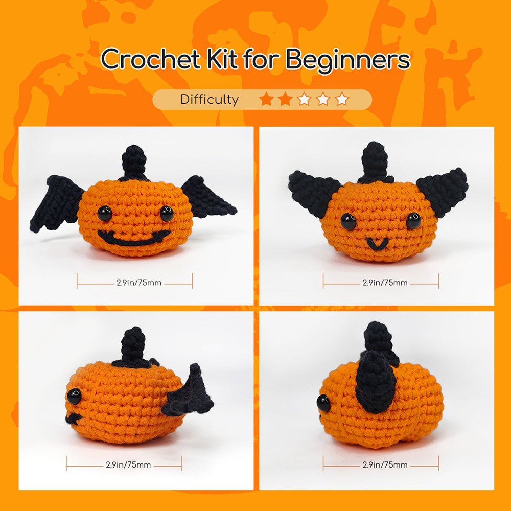 Halloweenská háčkovací sada NestledCrafts pro začátečníky, sada na pletení amigurumi s podrobnými video tutoriály - dýně