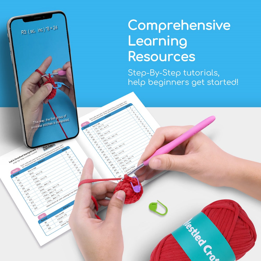 Vánoční háčkovací sada NestledCrafts pro začátečníky, sada na pletení amigurumi s podrobnými video tutoriály - SantySnow