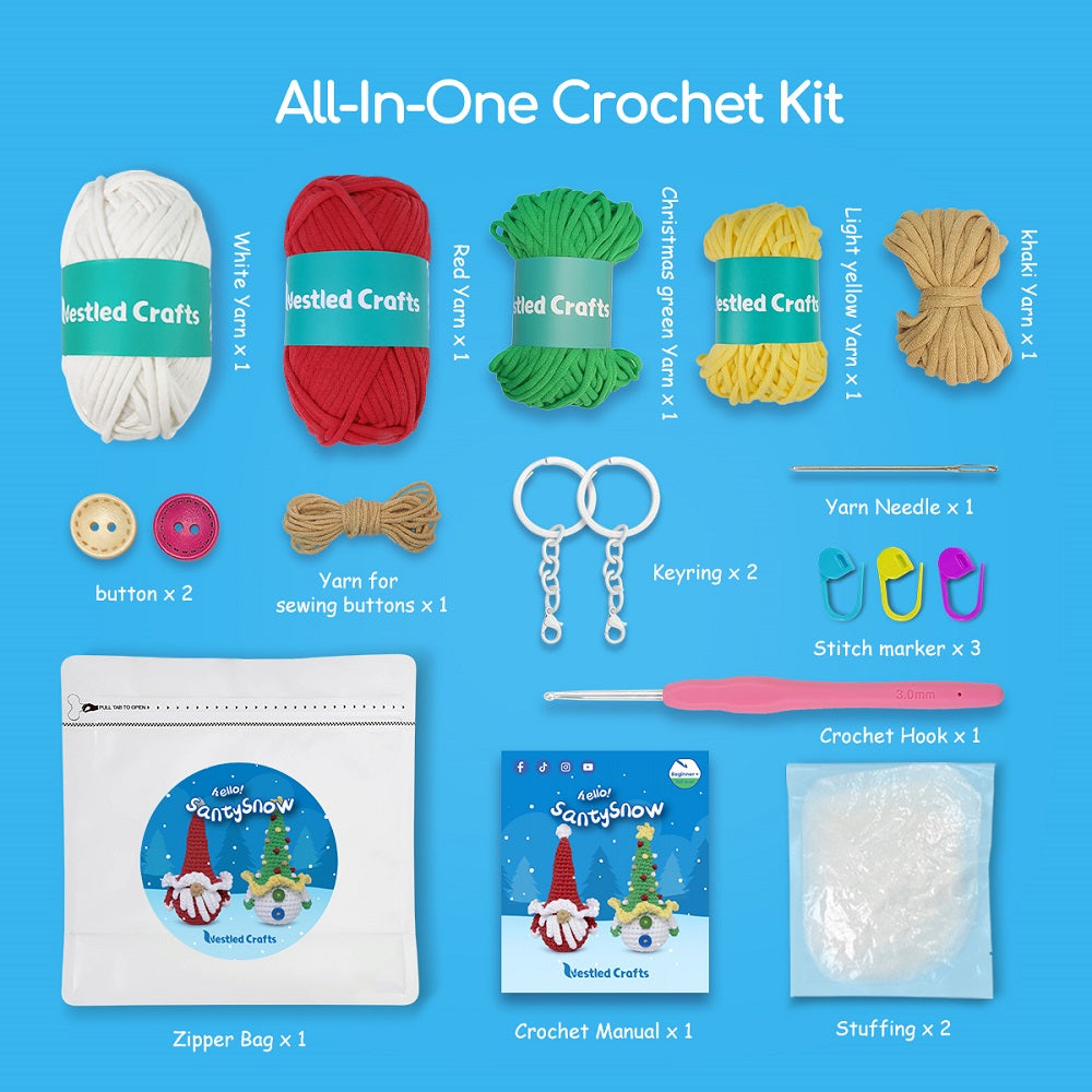 Vánoční háčkovací sada NestledCrafts pro začátečníky, sada na pletení amigurumi s podrobnými video tutoriály - SantySnow