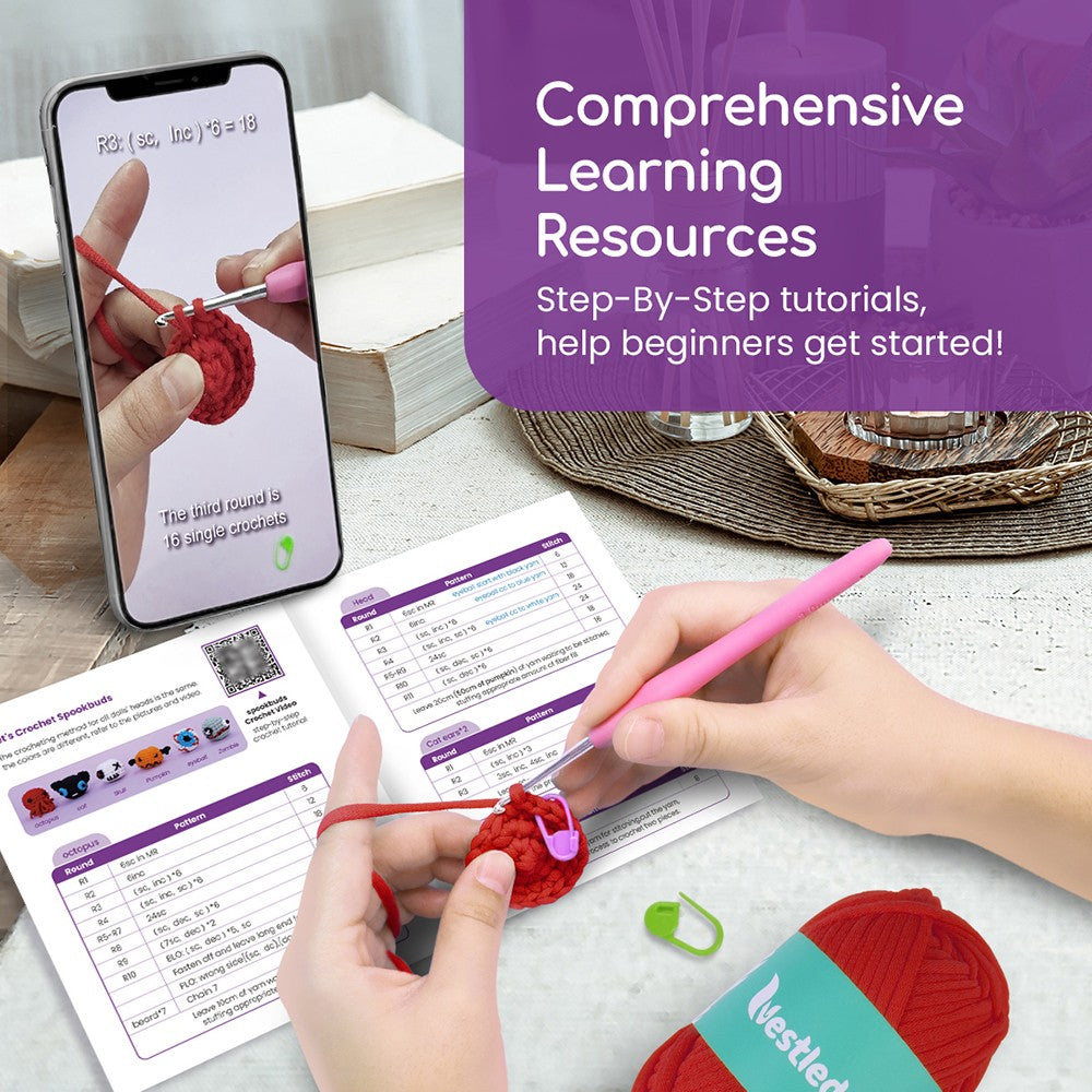 Halloweenská háčkovací sada NestledCrafts pro začátečníky, sada na pletení amigurumi s podrobnými video tutoriály - SpookBuds