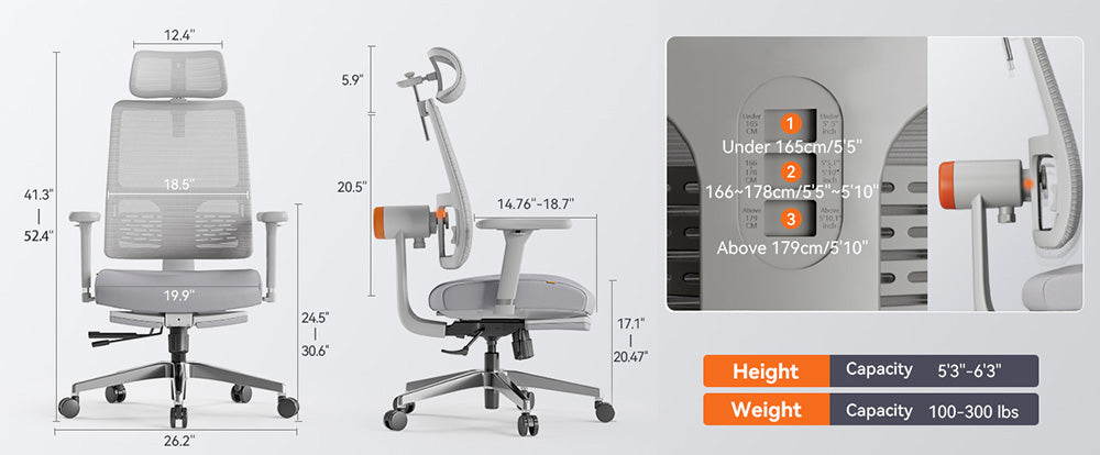 Ergonomická židle NEWTRAL MagicH-GPRO s opěrkou nohou, automatickým nastavováním opěrky zad a hlavy, adaptivní opěrkou dolní části zad, nastavitelnou loketní opěrkou, 4 polohy aretace - šedá