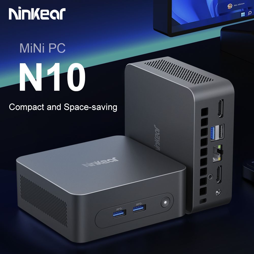 Mini PC Ninkear N10, Intel N100 4 jádra max. 3,4 GHz, 16 GB RAM, 512 GB SSD, 2*HDMI 2.0 (4K@60Hz) duální displej, 2,4/5 GHz WiFi Bluetooth 5.0, 3*USB 3.0, 1*USB 2.0, 1*RJ45, 1*konektor pro sluchátka