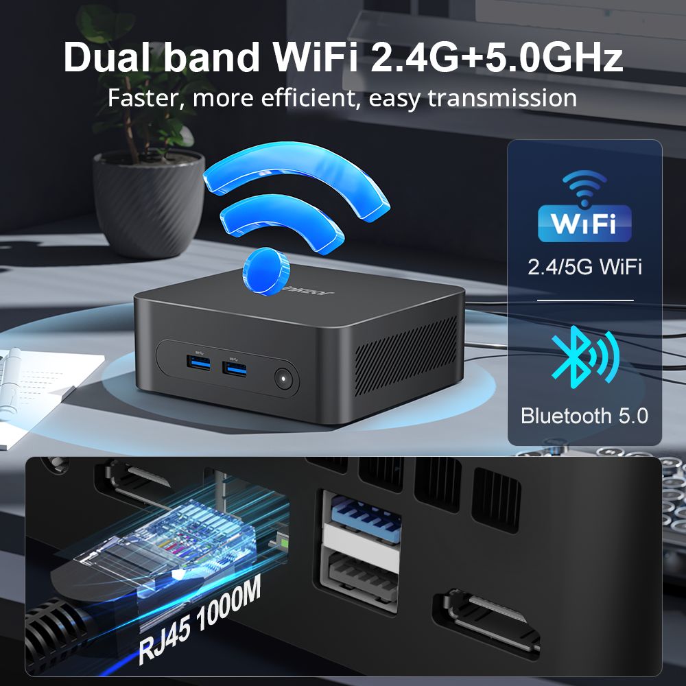 Mini PC Ninkear N10, Intel N100 4 jádra max. 3,4 GHz, 16 GB RAM, 512 GB SSD, 2*HDMI 2.0 (4K@60Hz) duální displej, 2,4/5 GHz WiFi Bluetooth 5.0, 3*USB 3.0, 1*USB 2.0, 1*RJ45, 1*konektor pro sluchátka