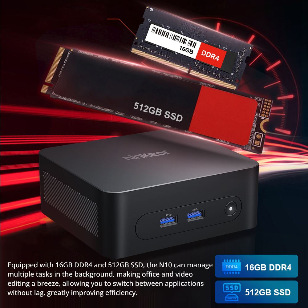 Mini PC Ninkear N10, Intel N100 4 jádra max. 3,4 GHz, 16 GB RAM, 512 GB SSD, 2*HDMI 2.0 (4K@60Hz) duální displej, 2,4/5 GHz WiFi Bluetooth 5.0, 3*USB 3.0, 1*USB 2.0, 1*RJ45, 1*konektor pro sluchátka