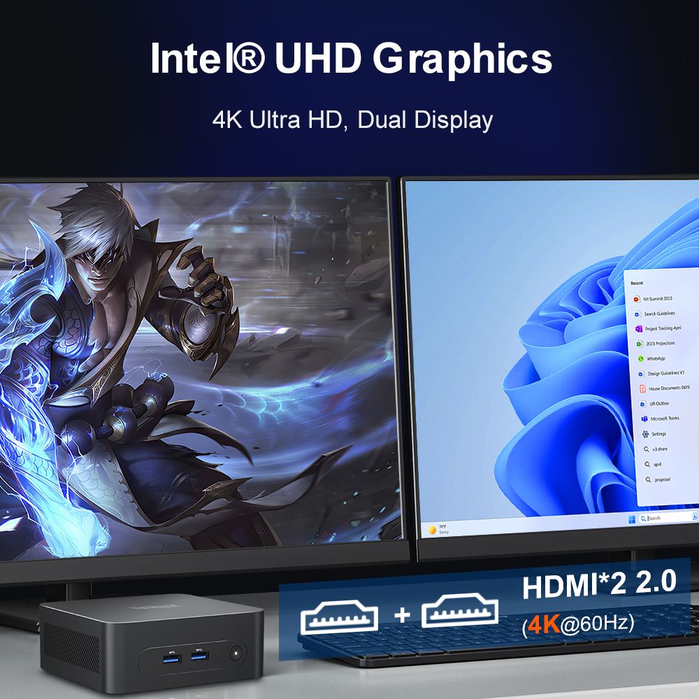 Mini PC Ninkear N10, Intel N100 4 jádra max. 3,4 GHz, 16 GB RAM, 512 GB SSD, 2*HDMI 2.0 (4K@60Hz) duální displej, 2,4/5 GHz WiFi Bluetooth 5.0, 3*USB 3.0, 1*USB 2.0, 1*RJ45, 1*konektor pro sluchátka