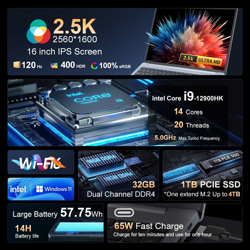 Notebook Ninkear N16 Pro, 16palcový IPS displej s rozlišením 2560*1600, Intel Core i9-12900HK, 14 jader, max. 5,0 GHz, 32 GB RAM, 1 TB SSD, obnovovací frekvence 120 Hz, WiFi 6, 5000 mAh, podsvícená klávesnice, 1x plně vybavený port Type-C, 2x USB 3.0, 1x USB 2.0, 1x HDMI, 1x RJ45, 1x konektor pro sluchátka