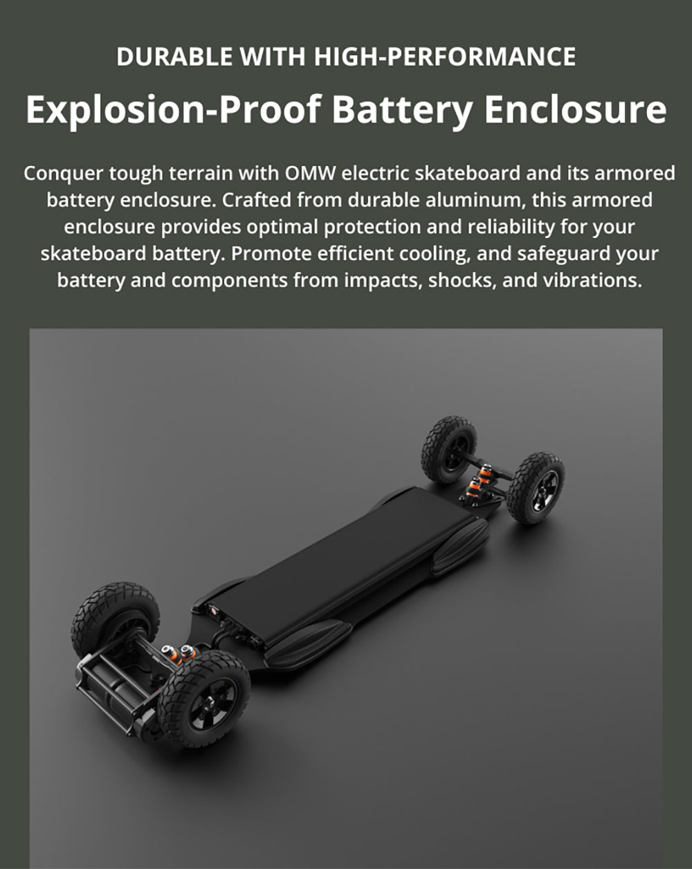 Elektrický skateboard OMW Cavalry, maximální výkon 3500 W, baterie 43,2 V 20 Ah, maximální rychlost 60 km/h, dojezd 55 km