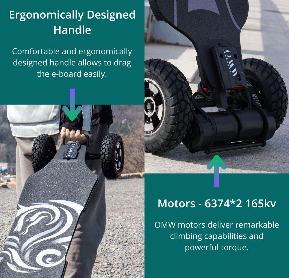 Elektrický skateboard OMW Cavalry, maximální výkon 3500 W, baterie 43,2 V 20 Ah, maximální rychlost 60 km/h, dojezd 55 km