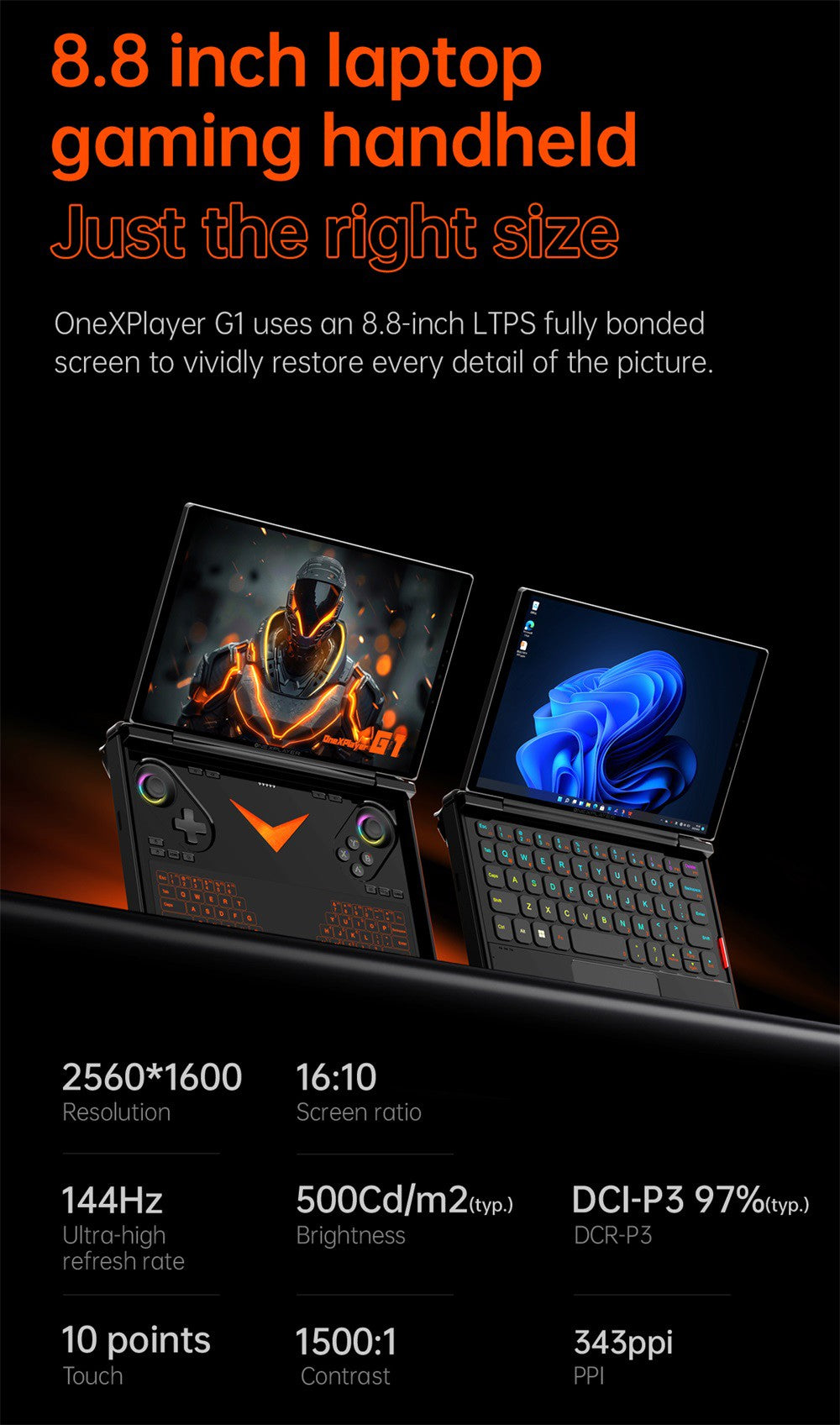 Herní kapesní počítač One Netbook OneXPlayer G1, AMD Ryzen AI 9 HX 370 12 jader max. 5,1 GHz, 8,8" displej s rozlišením 2560*1600 a obnovovací frekvencí 144 Hz, 64 GB RAM LPDDR5X 7500 MHz, 4 TB SSD, WiFi 6E, 2*USB-C, 1*USB 3.2, 1*TF karta, 1* Oculink, 1*3,5mm audio vstup, odemykání otiskem prstu - zástrčka EU