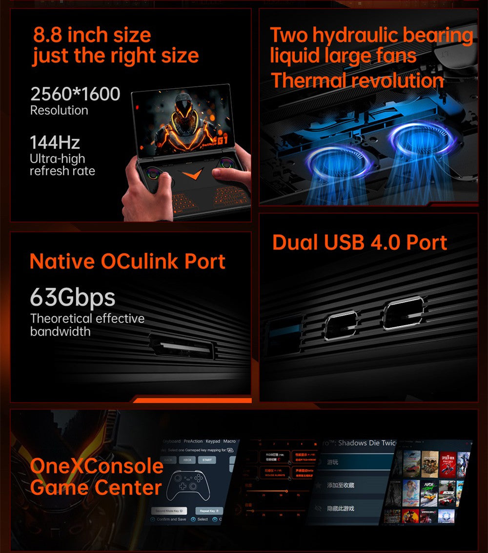 Herní kapesní počítač One Netbook OneXPlayer G1, AMD Ryzen AI 9 HX 370 12 jader max. 5,1 GHz, 8,8" displej s rozlišením 2560*1600 a obnovovací frekvencí 144 Hz, 64 GB RAM LPDDR5X 7500 MHz, 4 TB SSD, WiFi 6E, 2*USB-C, 1*USB 3.2, 1*TF karta, 1* Oculink, 1*3,5mm audio vstup, odemykání otiskem prstu - zástrčka EU