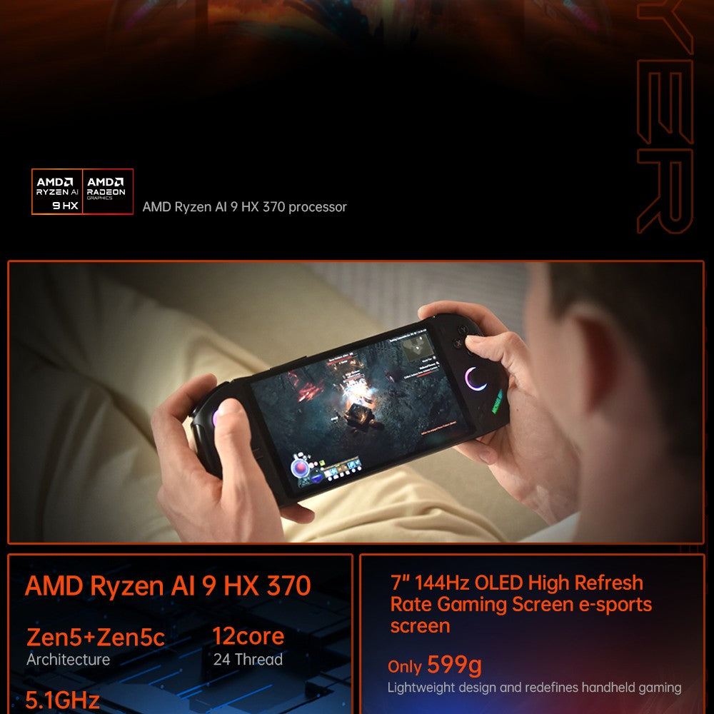 Herní konzole ONE Netbook OneXFly F1 Pro, 7" OLED displej s rozlišením 1920*1080, procesor AMD Ryzen AI 9 HX 370, 12jádrový procesor s frekvencí max. 5,1 GHz, obnovovací frekvence 144 Hz, 32 GB RAM LPDDR5x, 2 TB SSD disk PCle 4.0, zvukový systém Harman, 2 porty USB-C 4.0, 1 port USB-A 3.0, 1 slot pro TF kartu, 1 audio vstup.