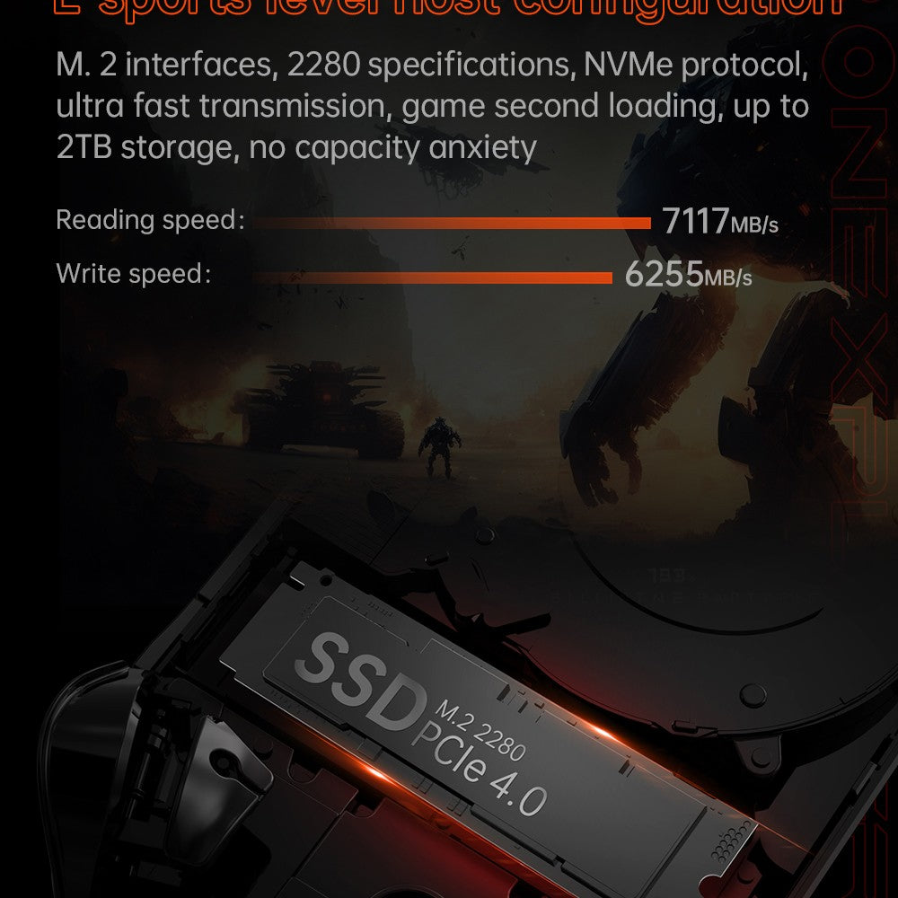 Herní konzole ONE Netbook OneXFly F1 Pro, 7" OLED displej s rozlišením 1920*1080, procesor AMD Ryzen AI 9 HX 370, 12jádrový procesor s frekvencí max. 5,1 GHz, obnovovací frekvence 144 Hz, 32 GB RAM LPDDR5x, 2 TB SSD disk PCle 4.0, zvukový systém Harman, 2 porty USB-C 4.0, 1 port USB-A 3.0, 1 slot pro TF kartu, 1 audio vstup.