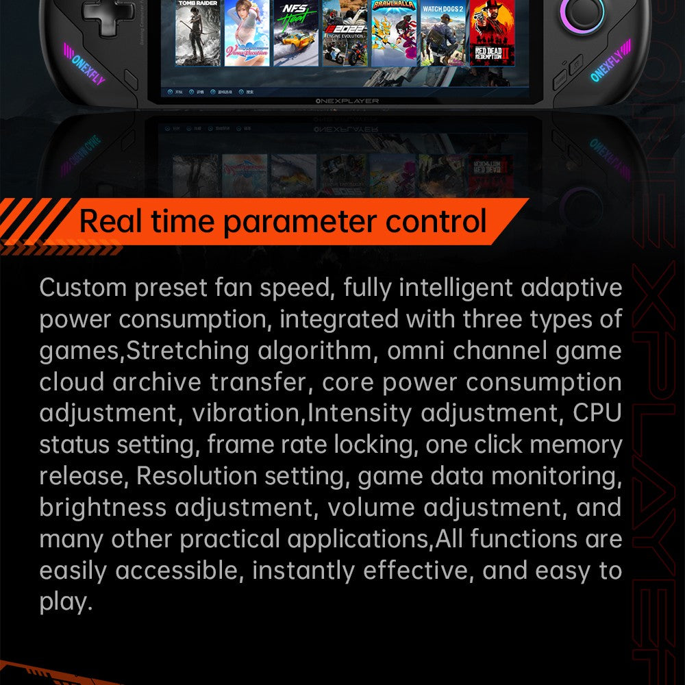 Herní konzole ONE Netbook OneXFly F1 Pro, 7" OLED displej s rozlišením 1920*1080, procesor AMD Ryzen AI 9 HX 370, 12jádrový procesor s frekvencí max. 5,1 GHz, obnovovací frekvence 144 Hz, 32 GB RAM LPDDR5x, 2 TB SSD disk PCle 4.0, zvukový systém Harman, 2x USB-C 4.0, 1x USB-A 3.0, 1x slot pro TF kartu, 1x audio