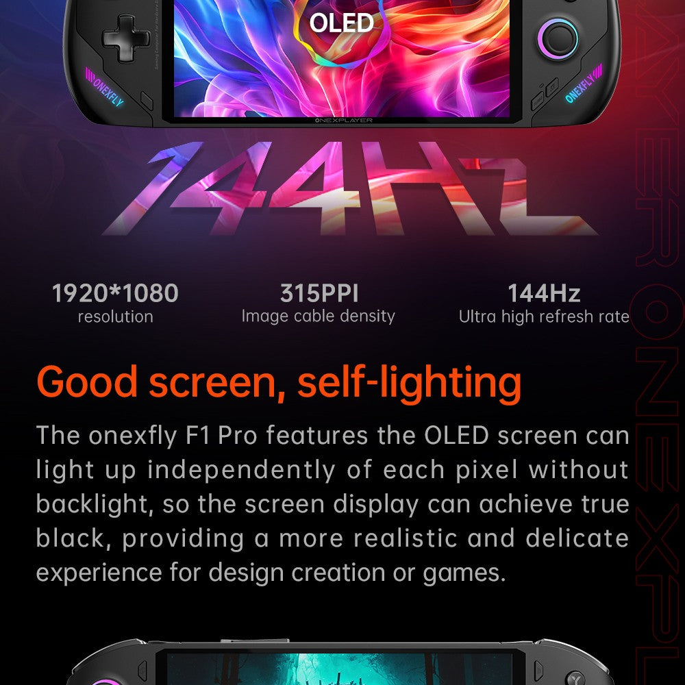 Herní konzole ONE Netbook OneXFly F1 Pro, 7" OLED displej s rozlišením 1920*1080, procesor AMD Ryzen AI 9 HX 370, 12jádrový procesor s frekvencí max. 5,1 GHz, obnovovací frekvence 144 Hz, 32 GB RAM LPDDR5x, 2 TB SSD disk PCle 4.0, zvukový systém Harman, 2 porty USB-C 4.0, 1 port USB-A 3.0, 1 slot pro TF kartu, 1 audio vstup.